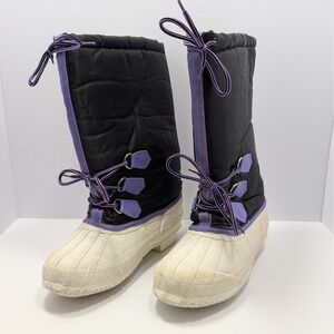 Vtg Coasters Womens Snow Boots Rain Winter Black Purple Lace Rubber Bottom Sz 8